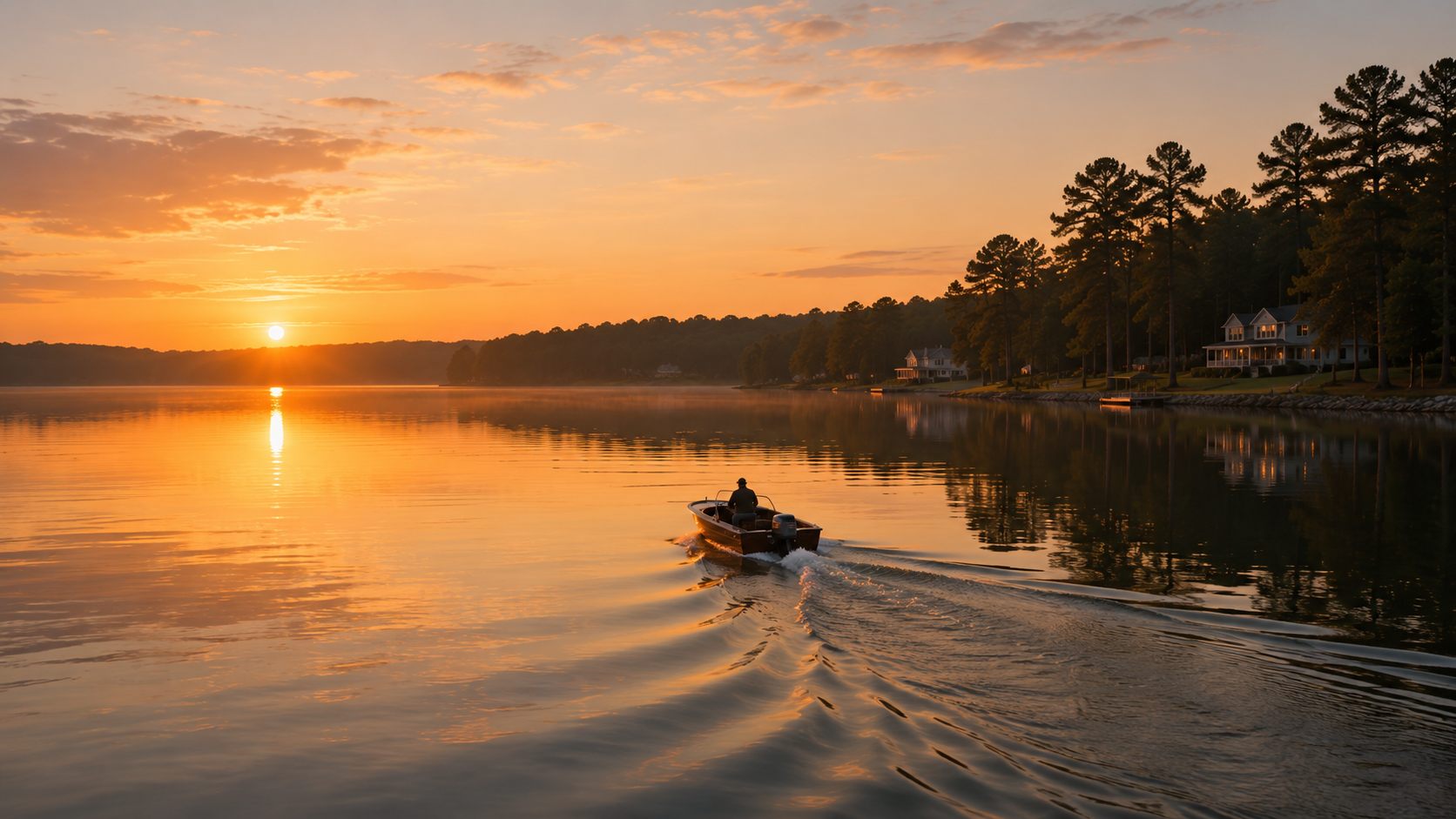 A lone boat crossing a calm lake at sunrise, leaving widening ripples