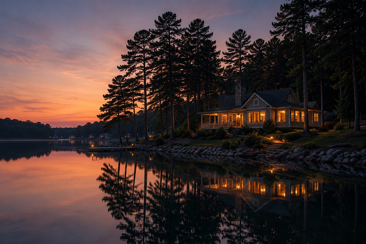A lake house glowing warmly among the pines at dusk, reflected in still water