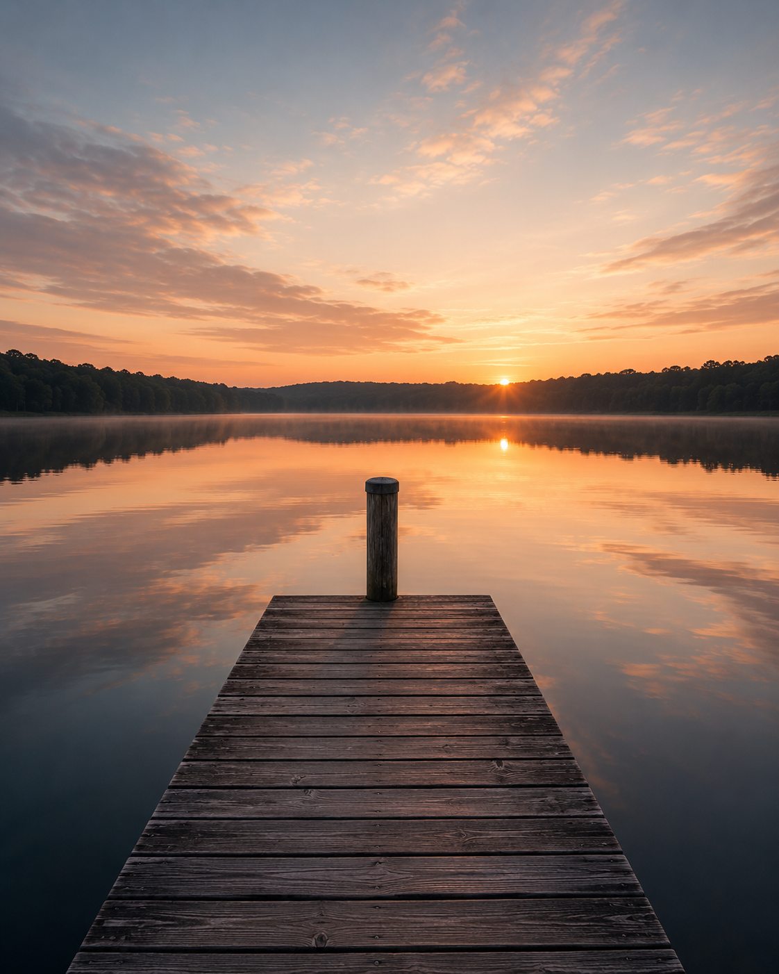 A dock reaching onto glass-still water at first light